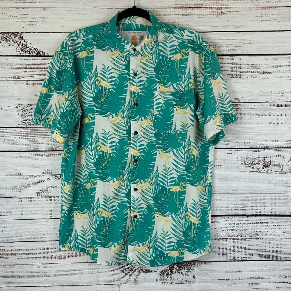 Men's NWOT Tropical Bros Teal White Palm Leaf Tropical Bold Print Button Up L